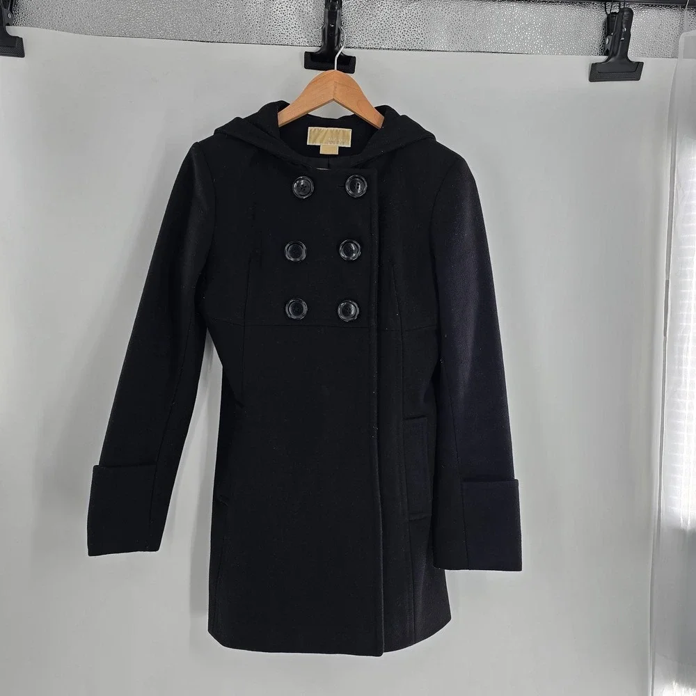 Michael Kors Black Wool Blend Double‎ Breasted Hooded Coat, Size 4
